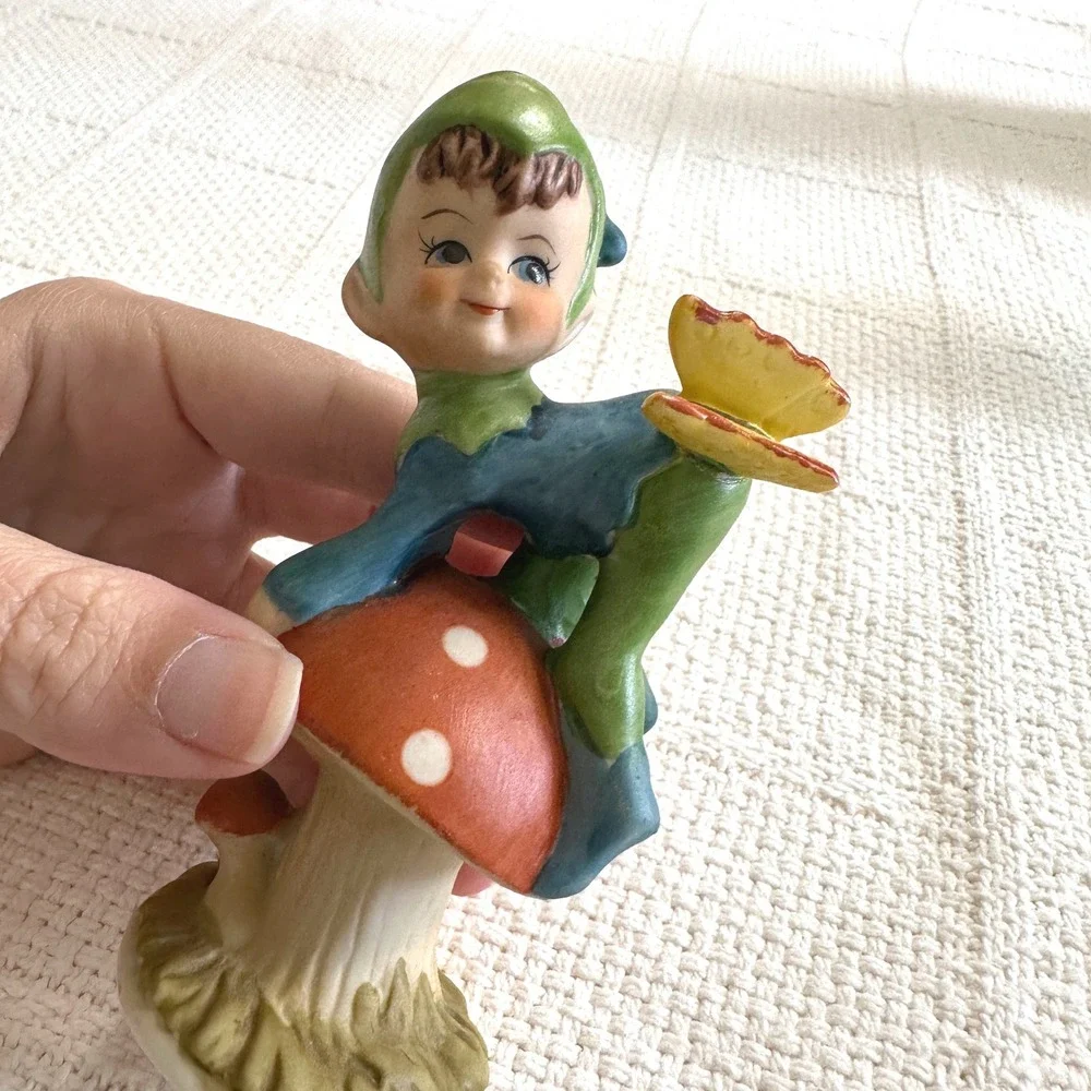 VTG Pixie Elf Mushroom Figurine Ceramic Butterfly Kitsch Cottage 50s 60s - Picture 2 of 9
